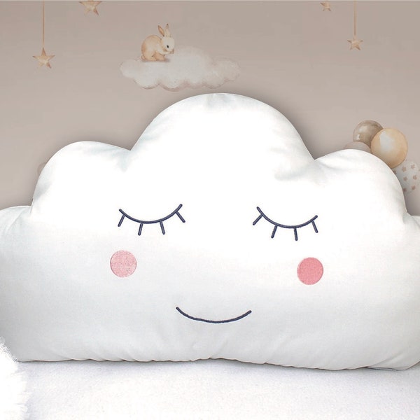 Coussin nuage blanc en 60 ou 70cm large, brodé avec visage, liens en option