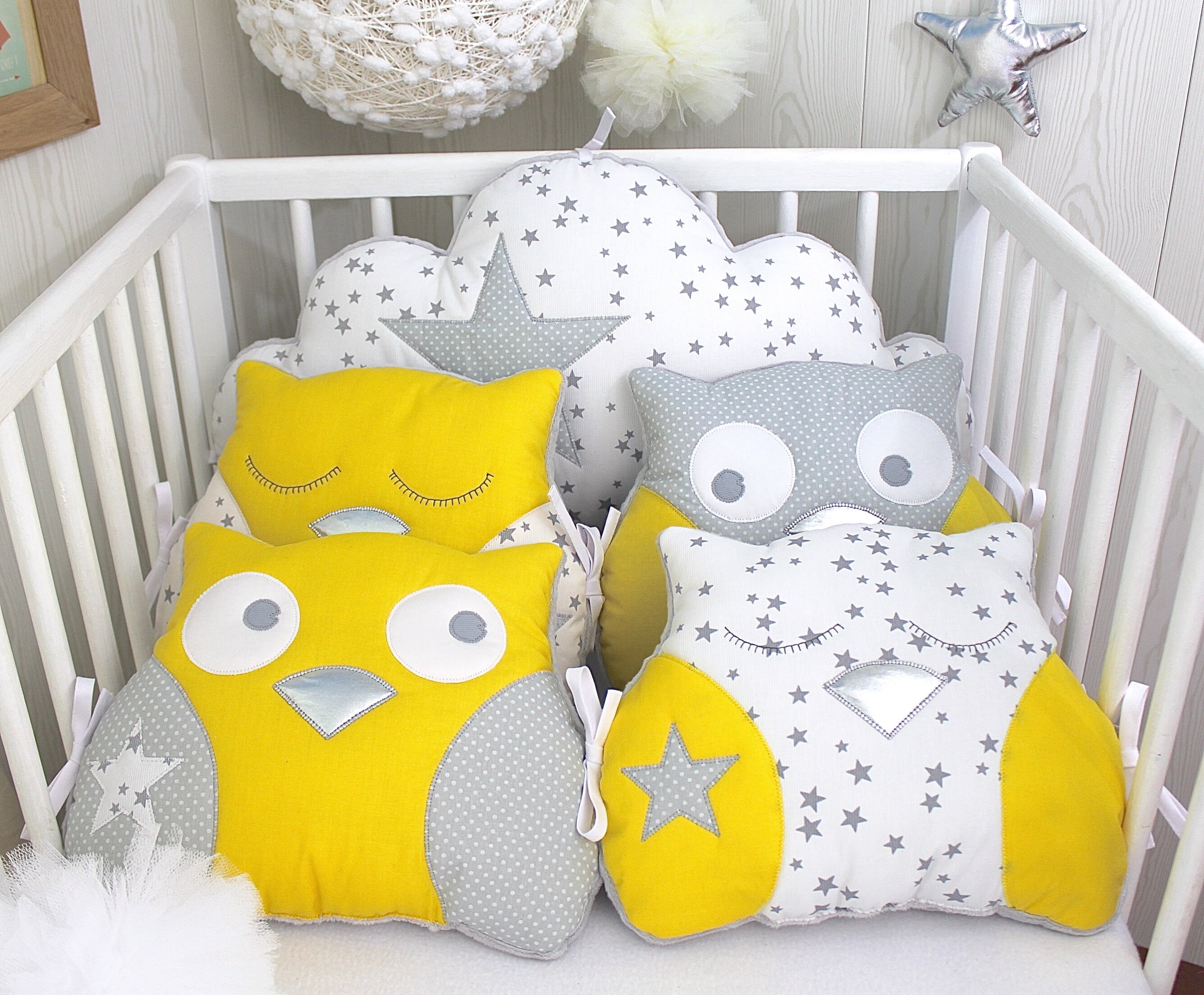 Baby cot bumpers for 60 cm wide cot 1 cloud and 4 owl Etsy