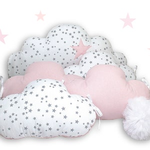 Coussins nuages étoiles grises et rose tendre, pour lit, canapé, fauteuil