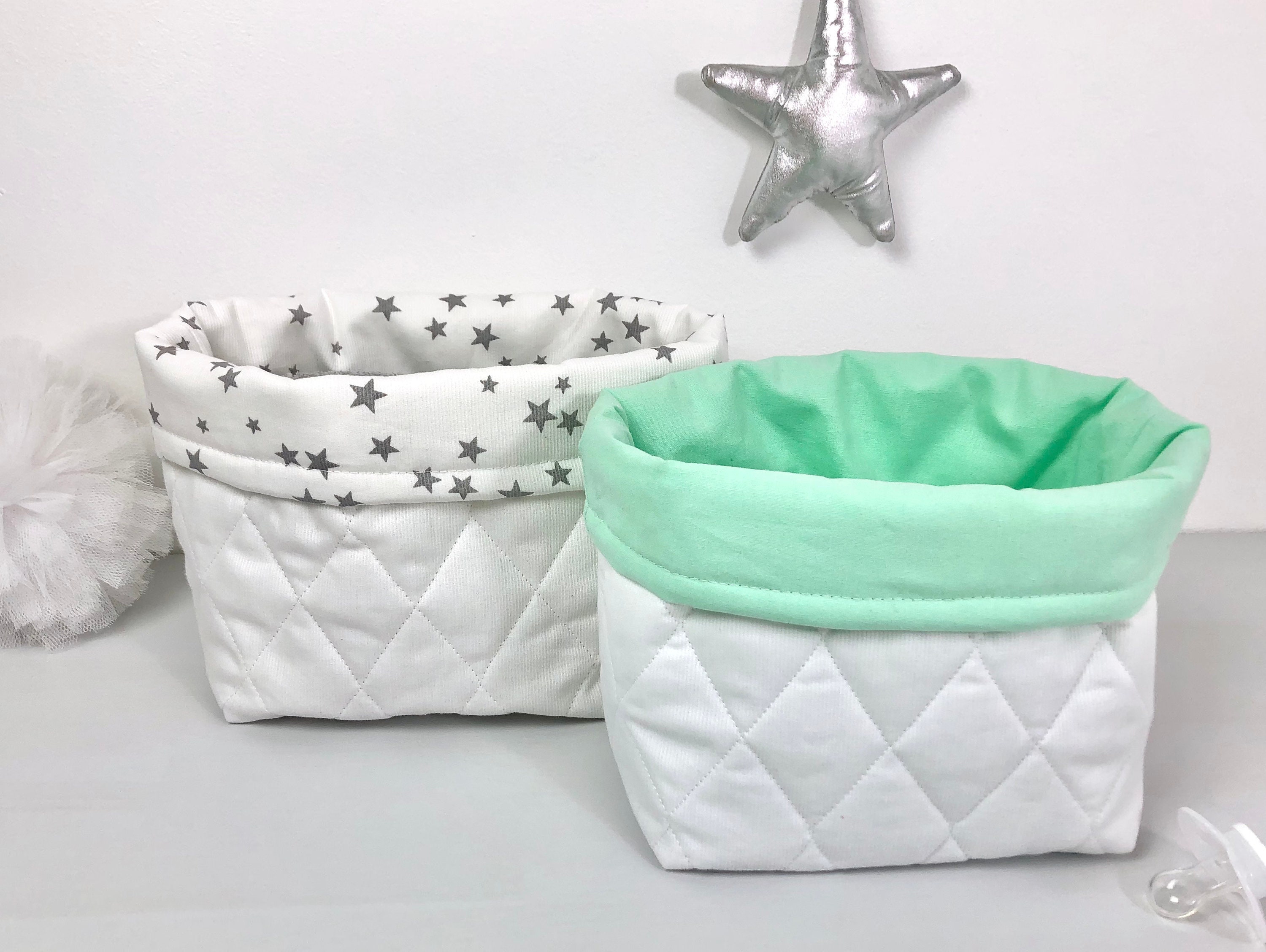Duo de Panières en Tissu Matelassé, Vert Menthe et Blanc Étoiles Grises