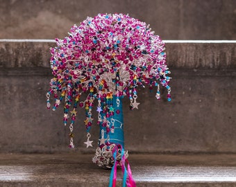 Alternative Wedding Bouquet: Pink Starry Rainbow Unicorn Inspired Bridal Accessories, Swarovski Rainbow Stars, Crystals, posy, spray, custom