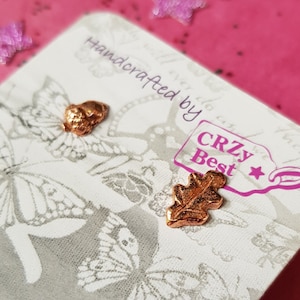 Autumn Stud Earrings: asymmetric oak leaf and acorn, tiny acorns or a pair of leaves in sterling silver or copper