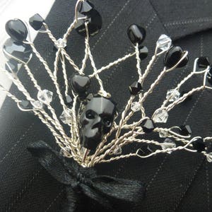 Midnight Skull Buttonhole: A jet black, gothic style buttonhole for your Gothic or Halloween Wedding; Bestman, Groom, Mother of the Bride