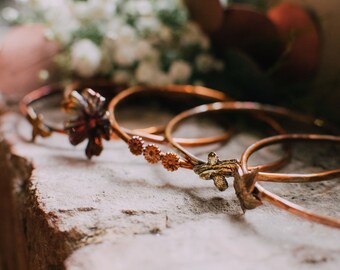 Copper Bangle: Made to order, your size, your embellishment. Hop Leaf, Bees, Owl, Dog, Cats, Flowers, Stars, Leaves, Acorn, Hearts,