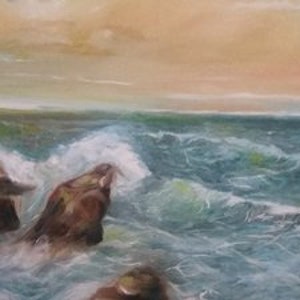 May include: A painting of a rocky coastline with crashing waves. The sky is a soft orange and yellow, and the water is a deep blue.