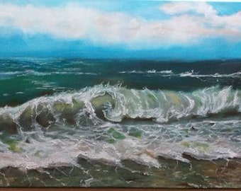 Oil painting of seascape, windy day