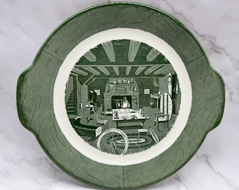 Piatto decorativo vintage Colonial Homestead in ceramica verde reale con decorazione a trasferimento.