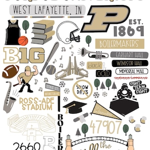 Digital - Purdue Collage Poster - Custom School Poster- West Lafayette, Indiana - College Symbols Icons Drawings - Dorm Decor - Grad Gift