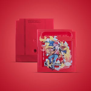 May include: Red Game Boy cartridge with the text "RED VERSION" and a graphic of a character with a Pokemon. The cartridge is red, with the text "MADE IN JAPAN" on the back. The game is for the Nintendo Game Boy.