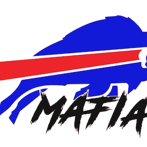 May include: A graphic design featuring a blue silhouette of a charging buffalo with a horizontal red stripe across its center. Below the buffalo, the word MAFIA is written in a bold, black, distressed, brush-stroke font against a white background.