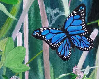 Wall Art Blue Monarch Butterfly in Clover field Original Acrylic on Canvas