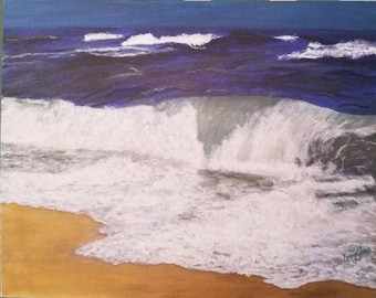 Blue Ocean Wall Art Ocean Waves on Gold Sand Panting Acrylic on Canvas Board Wall Art Ocean Blue Ocean Painting Original Painting Handmade
