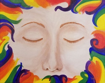 Wall Art Handmade Original Acrylic Painting of Woman's Face and Creativity Flames on Canvas _Vivid Colors_ Zen Artwork