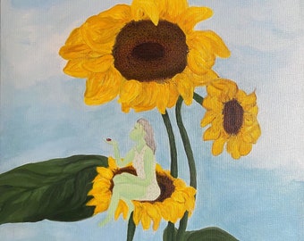 Sunflower Painting Whimsical Wall Art Fairy Painting Sunflower Wall Art Expressionist Painting for Livingroom Wall Art for Entryway Painting