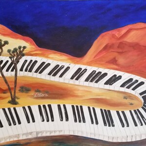 Creative Path_ Original acrylic wall art_ road of piano keys curving through desert and canyon in a darkened starry sky image 1