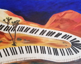 Creative Path_ Original acrylic wall art_ road of piano keys curving through desert and canyon in a darkened starry sky