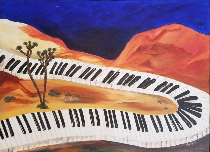 Creative Path_ Original acrylic wall art_ road of piano keys curving through desert and canyon in a darkened starry sky image 1