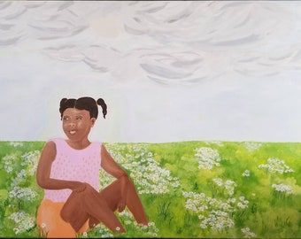 Original Wall Art African American Girl in a Field of Flowers Painting White Daisy Flower Field Painting Large Wall Art Young Black Girl Art