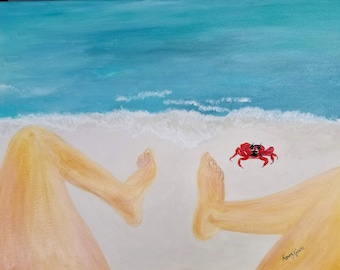 Crab on Beach Painting Original Handmade Art Wall Art for Beach house Art Ocean Painting for Living Room