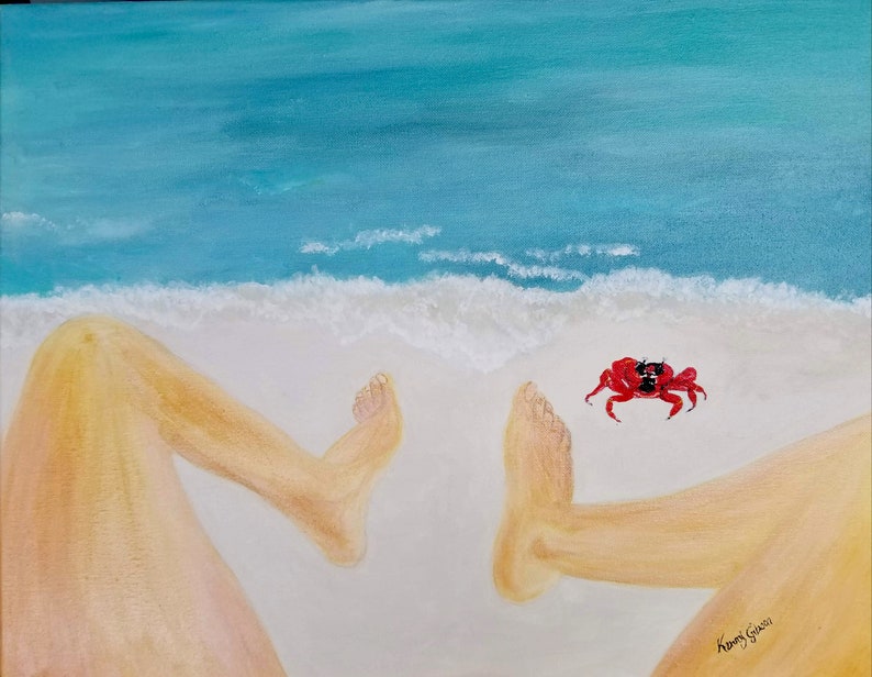 Crab on Beach Painting Original Handmade Art Wall Art for Beach house Art Ocean Painting for Living Room image 1