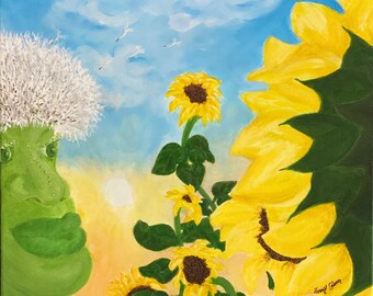 Sunflower Painting Green Man Painting Whimsical Wall Art Dandelion Wish Flower Sunflower Painting Acrylic Painting Wall Art Expressionist ar