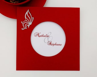 Faire-part mariage papillons rouge et blanc personnalisable - Modèle Nathalie