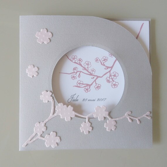 Faire Part Baptême Invitation Baptême Fleurs De Cerisier Fille Rose Beige Personnalisable Klrkrea