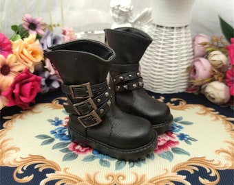 1/4MSD 1/3SD UncleSD17 BJD Shoes PU Leather Boots Double Buckle Rivet Deco Brown 