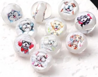 10pcs Random Color Acrylic Beads Multicolor Double Sided Animal Dog Pattern Round-Shaped Loose Spacer Beads 16mm