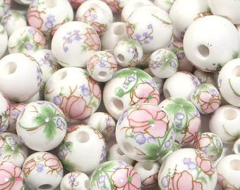 Floral Ceramic Beads, White Round Beads with Pink Floral, 6/8/10/12mm, for Jewelry Making, DIY Bracelet Necklace Craft Supplies