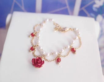 Modepuppen Schmuck Rote Rose Perlen Halskette BJD 1/4 & 1/3