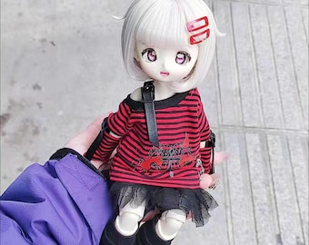 BJD Puppenkleidung für 1/4 1/6 Rot gestreiftes Off-Shoulder Outfit (Nur Kleidung ohne Puppe)