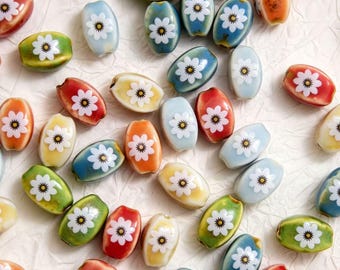 10pcs 9X13Mm Retro Daisy Four-Sided Oval Bead Ceramic Bead Glaze Fired Bracelet Necklace Pendant Jewelry Additions Decorative Beads