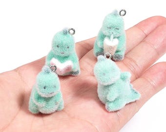 Flocked Dinosaur Charm, Mini Green Resin Pendant, Necklace Findings (6pcs)