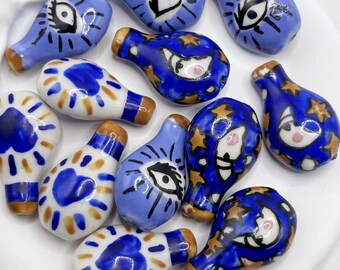 5 hand drawn ceramic vase beads，Evil Eye Ceramic Light Bulb Beads, Hand Painted Spacer Beads for Jewelry Making
