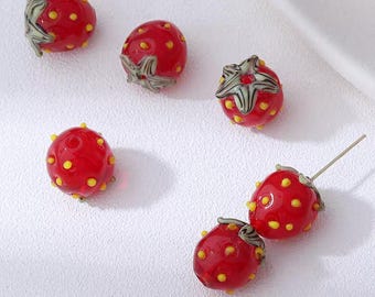 Strawberry Lampwork Beads  ,Artisan lampwork, Beads for earrings, one bead,DIY Berry Jewelry,Bead Accessories For Bracelet