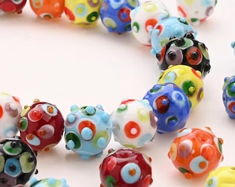 Multicolor Lampwork Glass Beads, Handmade Polka Dot Beads for Jewelry Making
