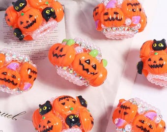 Mix 7pcs Halloween Pumpkin Beads, Pearl Inlaid Crystal Resin Large Hole Beads, Fall Festival Craft Beads