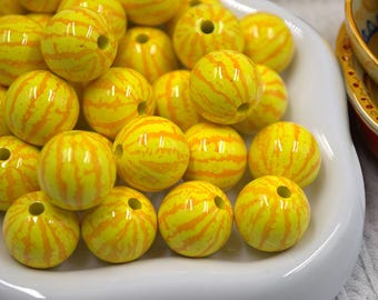 16mm Yellow Orange Watermelon Stripe Beads, Round Glossy Beads for Jewelry Making, Summer DIY Bracelet Beads