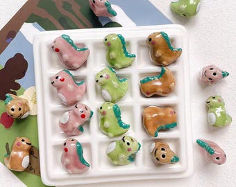 3pcs Pastel Kawaii Dinosaur Ceramic Beads, Handmade Glazed Animal Beads Craft Supplies