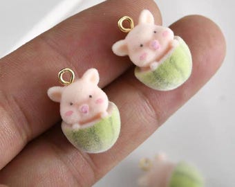 6PCS Flocking Pig Charm，animals pendants(21MM*13.2MM)