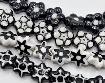 10pcs Black /White Ceramic Flower /Star Beads, Bohemian Spacer Beads for DIY Jewelry