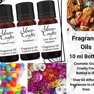 May include: Three 10 ml bottles of fragrance oil with labels that read "Your Crafts" and different scents: Tropical Fruits, Bubblegum, and Lime, Basil & Mandarin. The bottles are on a white marble background with colorful candy and flowers in the background. The text "Fragrance Oils 10 ml Bottles Cosmetic Grade Cruelty Free Bottled in UK Over 60 different fragrances to choose from" is also on the image.