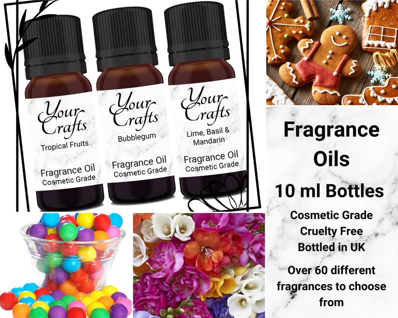 May include: Three 10 ml bottles of fragrance oil with labels that read "Your Crafts" and different scents: Tropical Fruits, Bubblegum, and Lime, Basil & Mandarin. The bottles are on a white marble background with colorful candy and flowers in the background. The text "Fragrance Oils 10 ml Bottles Cosmetic Grade Cruelty Free Bottled in UK Over 60 different fragrances to choose from" is also on the image.
