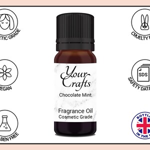 May include: A brown glass bottle of Chocolate Mint fragrance oil. The bottle has a white label with the text "Your Crafts" and "Chocolate Mint". The label also says "Fragrance Oil" and "Cosmetic Grade". The bottle is surrounded by various icons indicating that the product is vegan, cruelty-free, paraben-free, and comes with a safety data sheet. The bottle is also labelled as "Bottled in the UK".