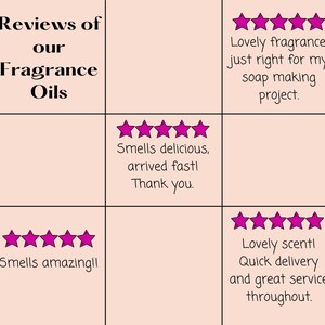 May include: Reviews of our fragrance oils with five-star ratings and customer testimonials.  "Lovely fragrance, just right for my soap making project."  "Smells delicious, arrived fast! Thank you."  "Smells amazing!!"  "Lovely scent! Quick delivery and great service throughout."