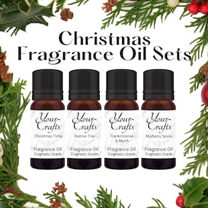 May include: Four brown glass bottles of fragrance oil with black lids, labelled "Christmas Time", "Festive Tree", "Frankincense & Myrrh", and "Mulberry Spice". The bottles are set against a festive background with greenery and Christmas decorations. The text "Christmas Fragrance Oil Sets" is at the top.