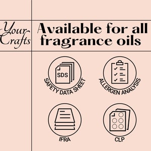 May include: A graphic showing that fragrance oils are available with safety data sheets, allergen analysis, IFRA and CLP documentation.