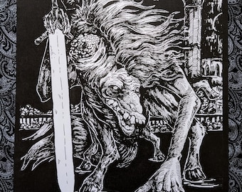 May include: Black and white illustration of a monstrous creature with long hair holding a sword. The creature is standing in a pool of water with a building in the background.