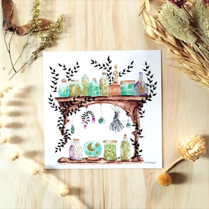 Carte potions magiques , atelier de sorcière, illustration aquarelle, impression d'art